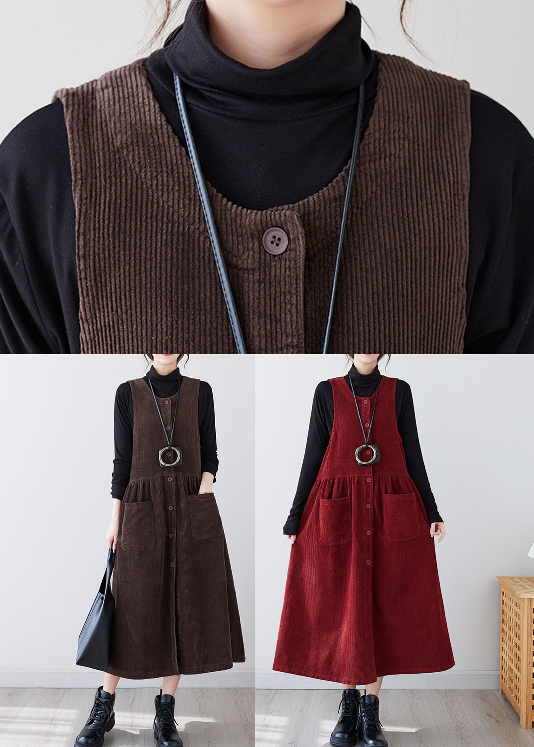 V Neck Sleeveless Corduroy Pinafore Patch Pocket Button Maxi Dress