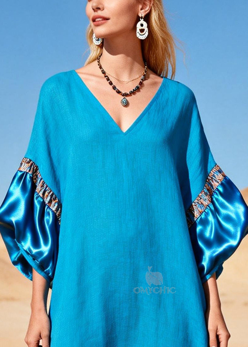 Deep V-Neck Satin Puff Sleeve Panel Trim Linen Kaftan Maxi Dress