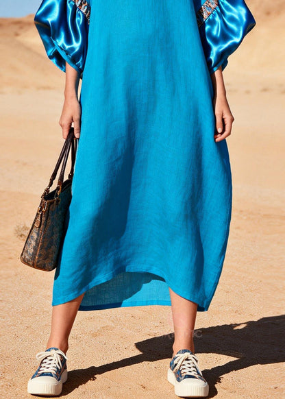 Deep V-Neck Satin Puff Sleeve Panel Trim Linen Kaftan Maxi Dress