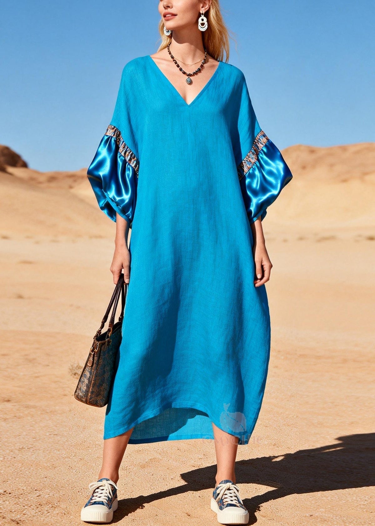 Deep V-Neck Satin Puff Sleeve Panel Trim Linen Kaftan Maxi Dress