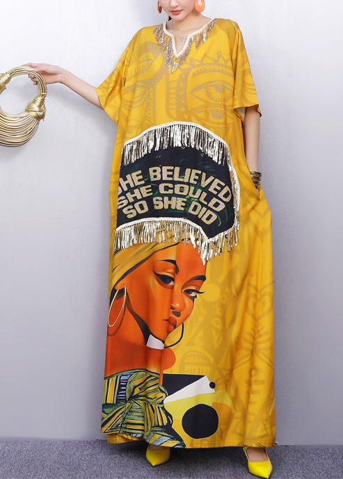 Fringe Trim Quote Graphic Portrait Print Kaftan Maxi Dress