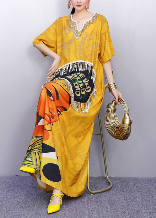 Fringe Trim Quote Graphic Portrait Print Kaftan Maxi Dress
