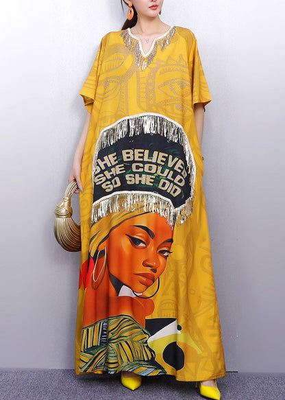 Fringe Trim Quote Graphic Portrait Print Kaftan Maxi Dress
