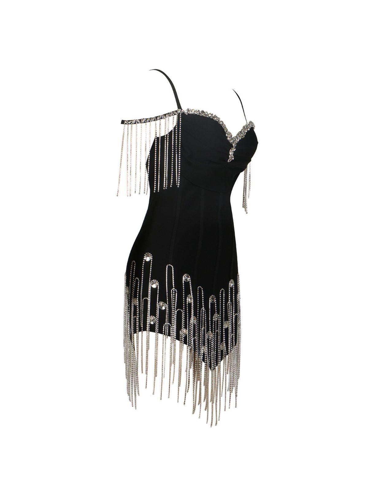 Sweetheart Neck Corset Rhinestone Strap Fringe Crystal Mini Dress