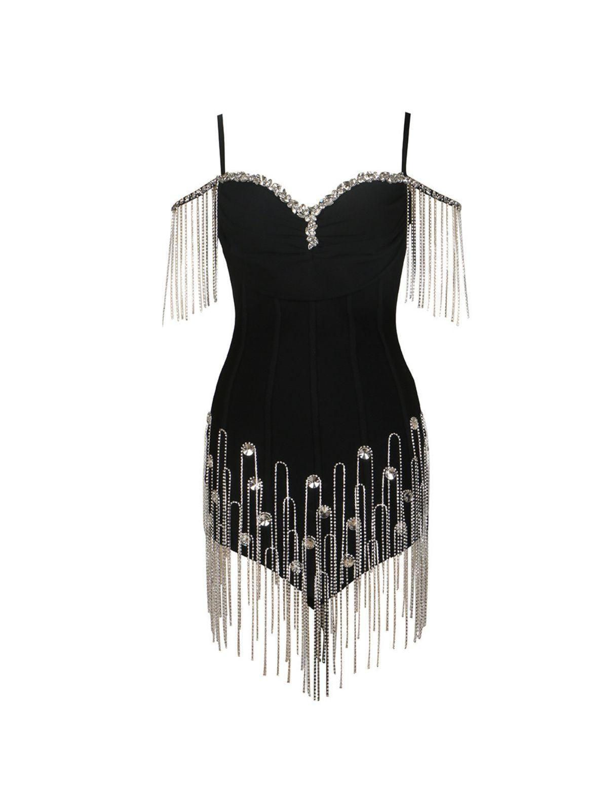 Sweetheart Neck Corset Rhinestone Strap Fringe Crystal Mini Dress