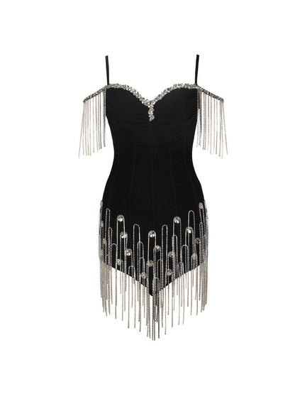 Sweetheart Neck Corset Rhinestone Strap Fringe Crystal Mini Dress