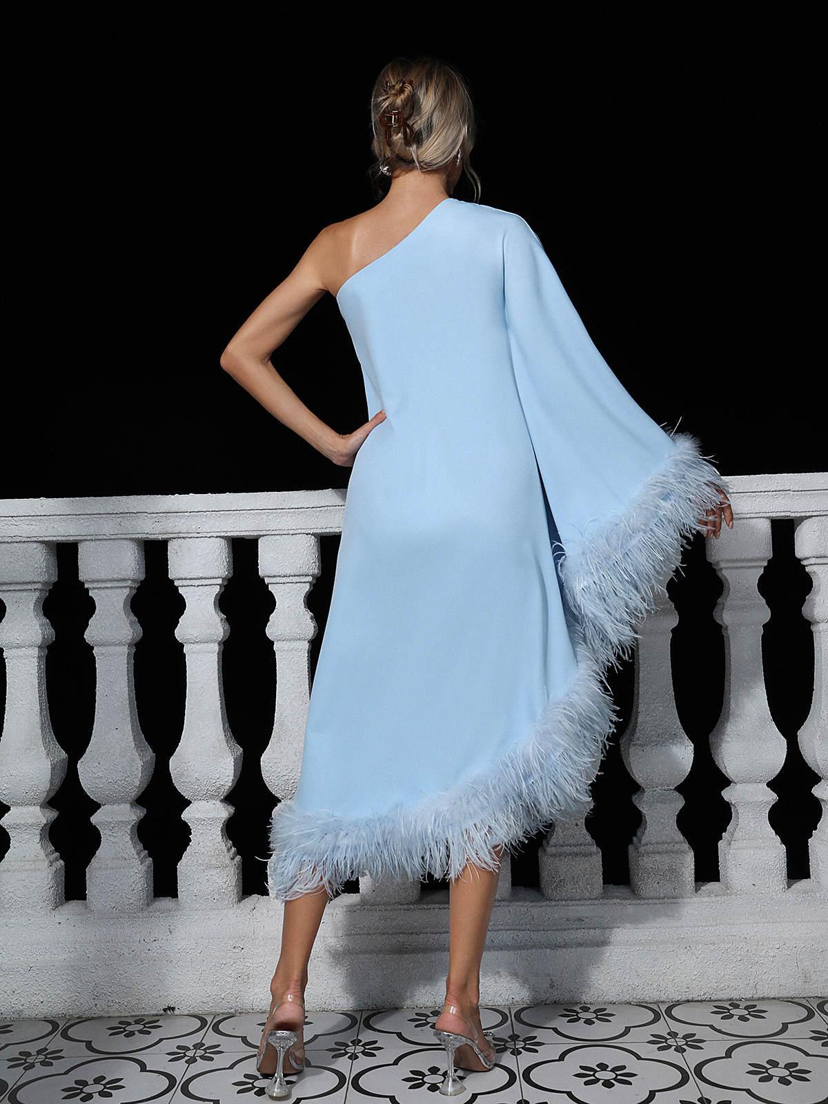 One Shoulder Cape Sleeve Feather Trim Asymmetrical Hem Midi Dress