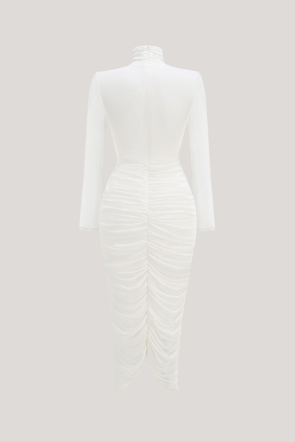Mock Neck Long Sleeve Ruched Drape Front Slit Midi Dress