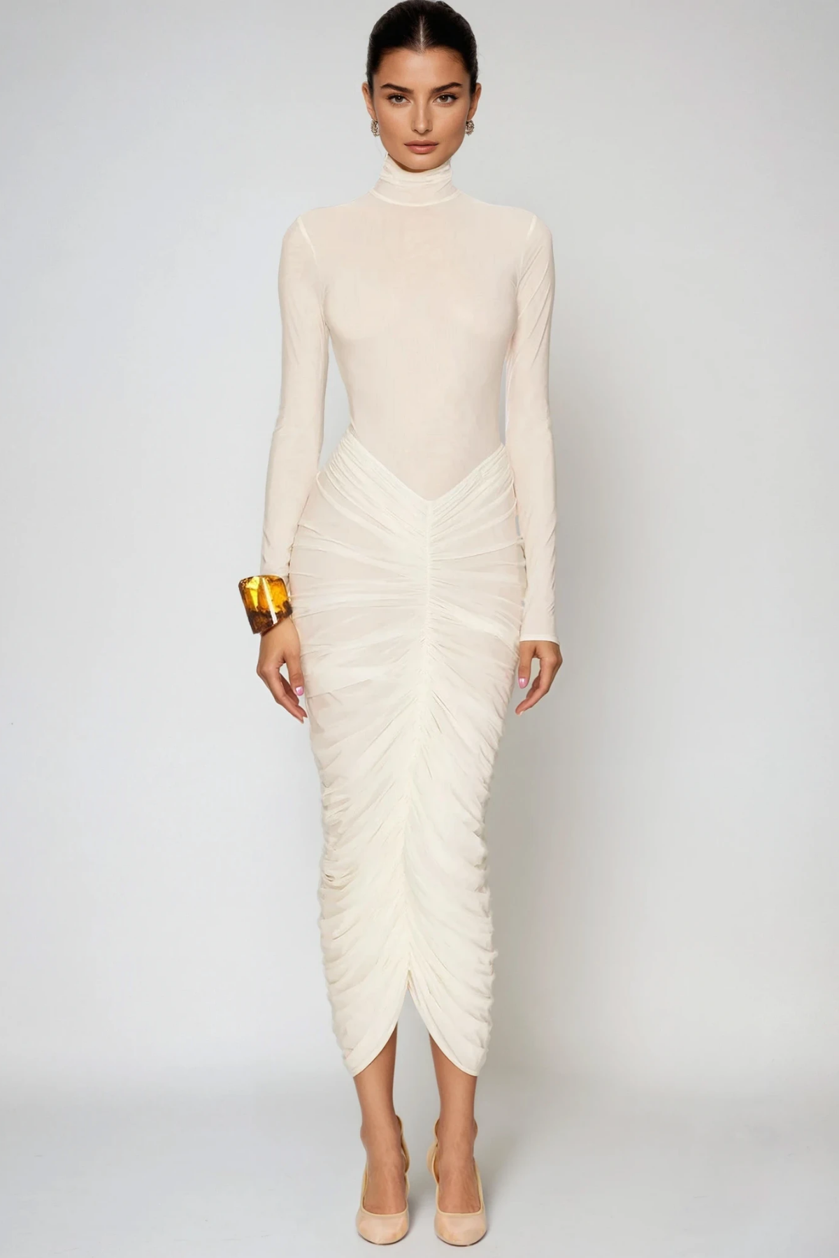 Mock Neck Long Sleeve Ruched Drape Front Slit Midi Dress