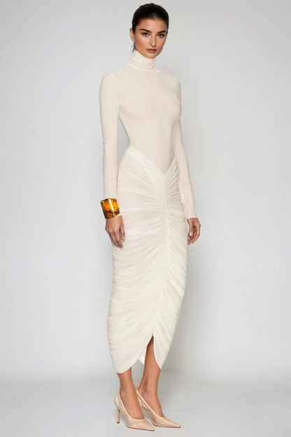 Mock Neck Long Sleeve Ruched Drape Front Slit Midi Dress