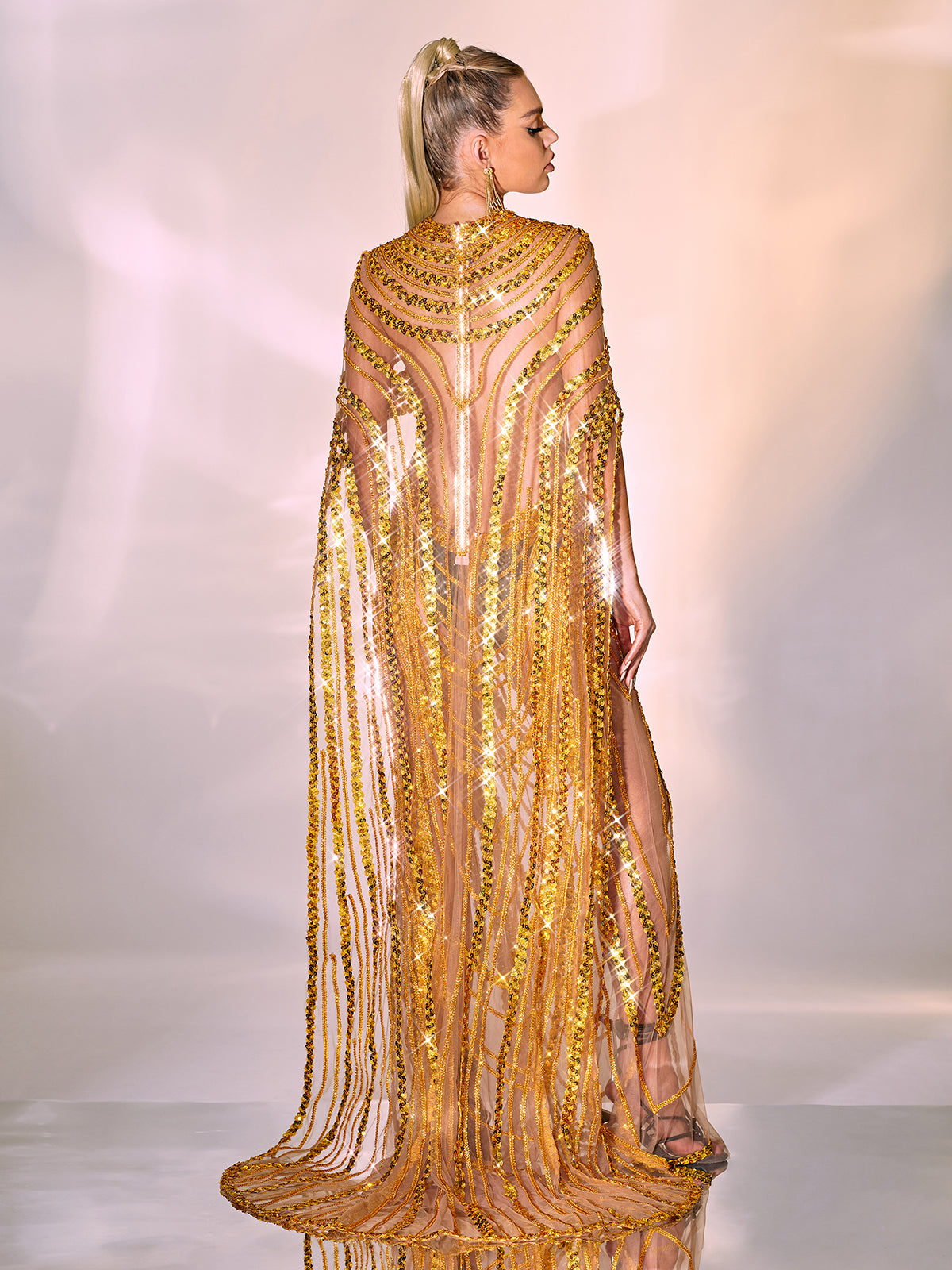Draped Sequin Chain Mesh Cutout Cape Streamer Maxi Gown