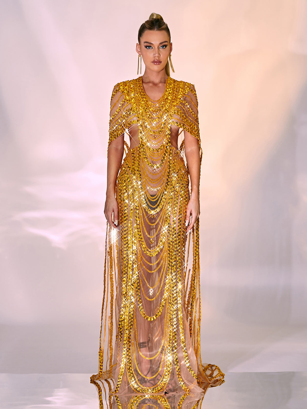Draped Sequin Chain Mesh Cutout Cape Streamer Maxi Gown