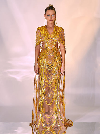 Draped Sequin Chain Mesh Cutout Cape Streamer Maxi Gown