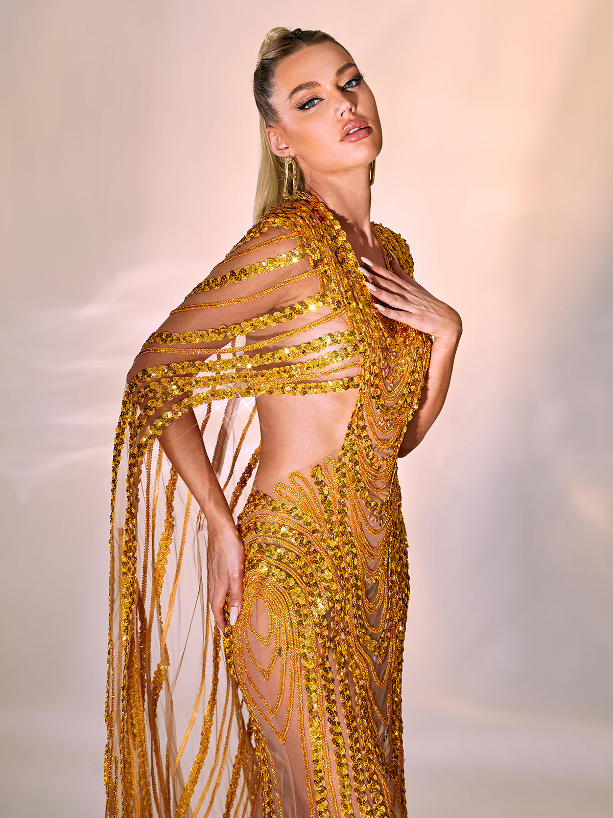 Draped Sequin Chain Mesh Cutout Cape Streamer Maxi Gown