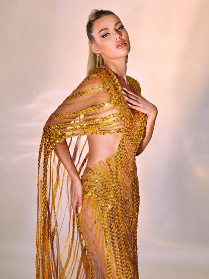 Draped Sequin Chain Mesh Cutout Cape Streamer Maxi Gown