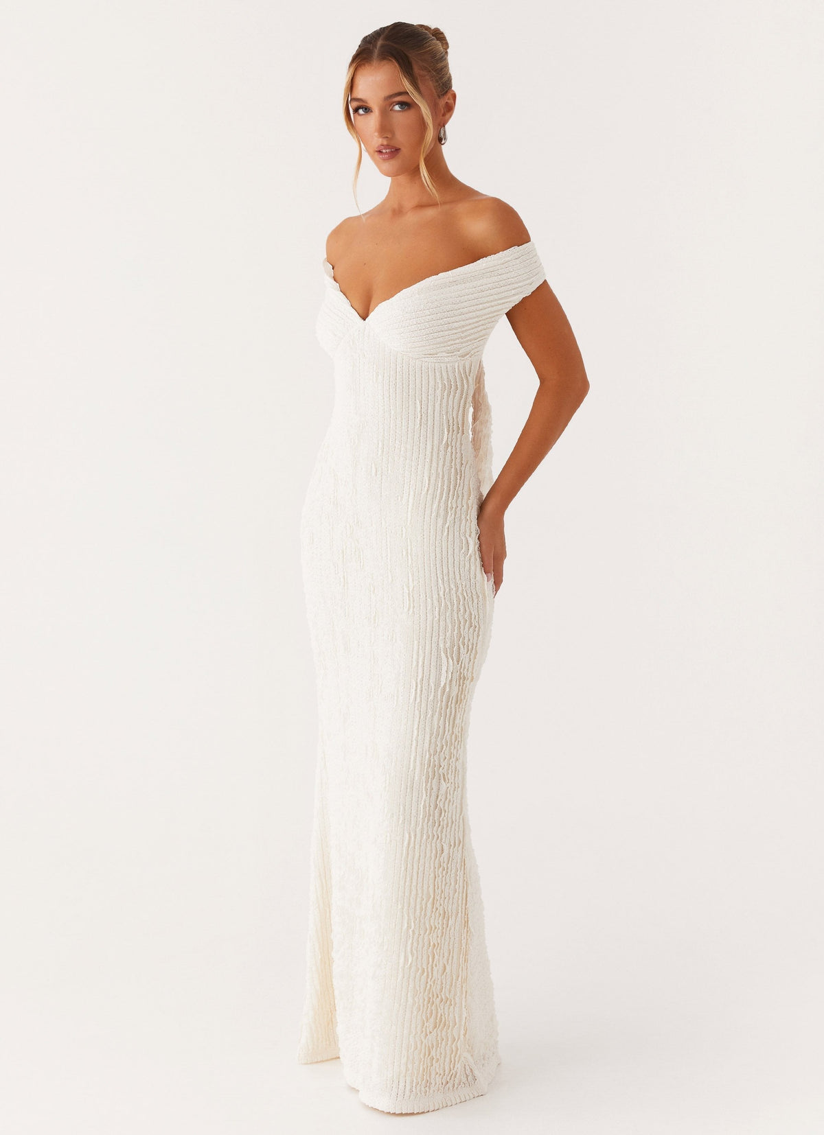 Off Shoulder Deep V Neck Ribbed Pleat Bodycon Maxi Dress
