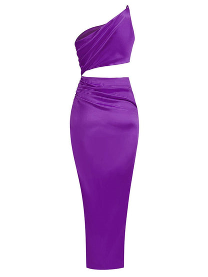 One-Shoulder Asymmetric Ruched Waist Cutout Maxi Dress