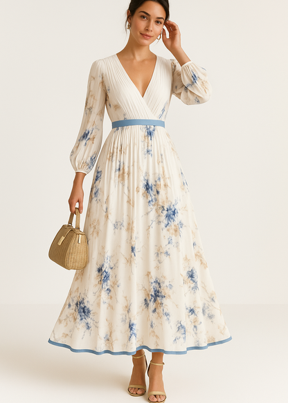 Deep V Long Sleeve Ribbon Belt Accordion Pleat Floral Maxi Dress