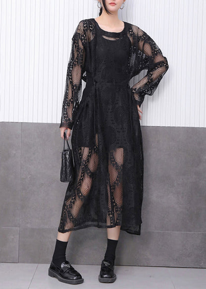 Crew Neck Circle Crochet Lace Side Tie Drawstring Midi Dress