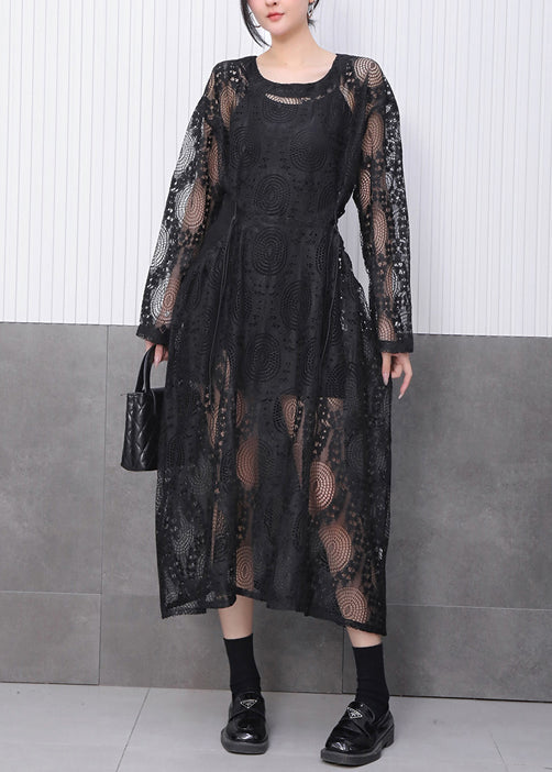Crew Neck Circle Crochet Lace Side Tie Drawstring Midi Dress