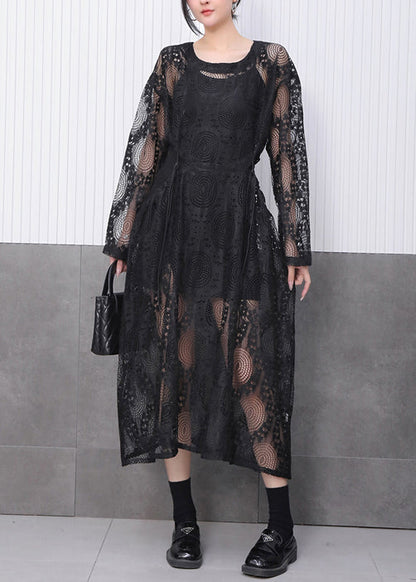 Crew Neck Circle Crochet Lace Side Tie Drawstring Midi Dress