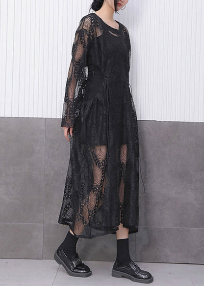 Crew Neck Circle Crochet Lace Side Tie Drawstring Midi Dress