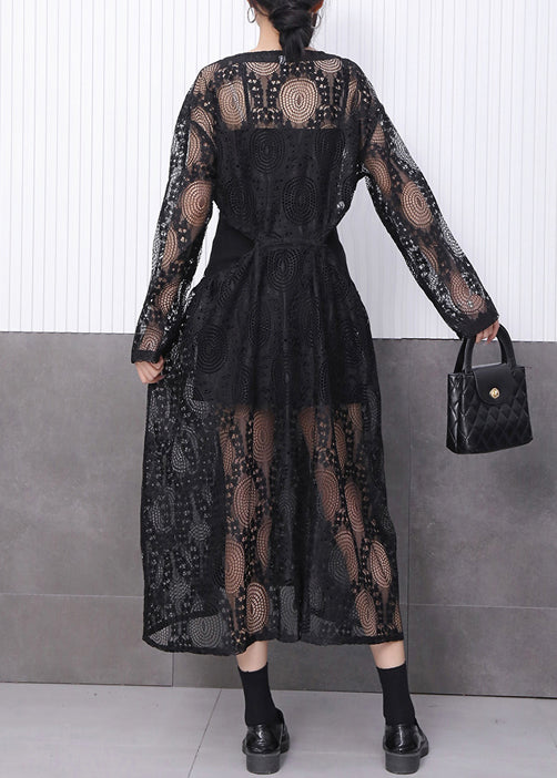 Crew Neck Circle Crochet Lace Side Tie Drawstring Midi Dress