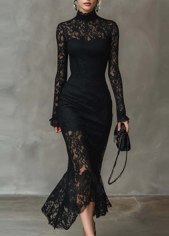 Mock Neck Sheer Yoke Ruffle Cuff Floral Lace Mermaid Midi Gown