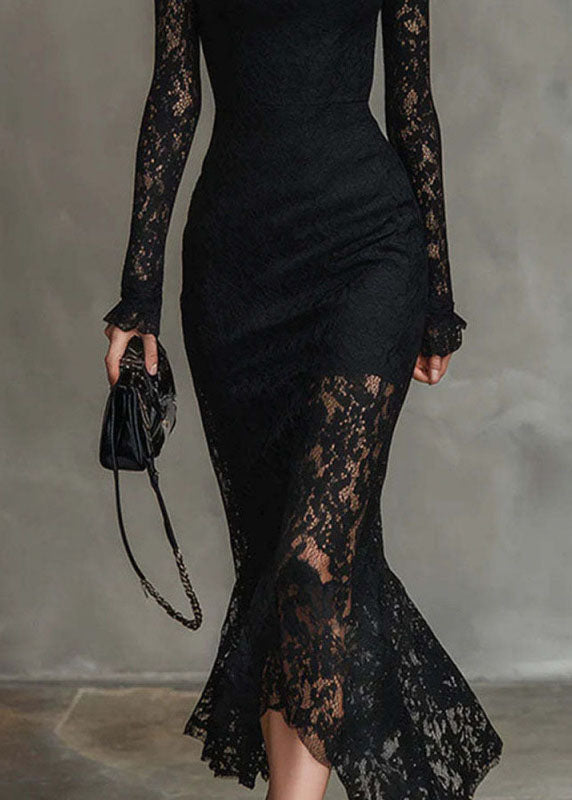 Mock Neck Sheer Yoke Ruffle Cuff Floral Lace Mermaid Midi Gown