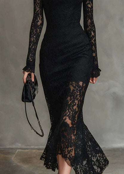 Mock Neck Sheer Yoke Ruffle Cuff Floral Lace Mermaid Midi Gown