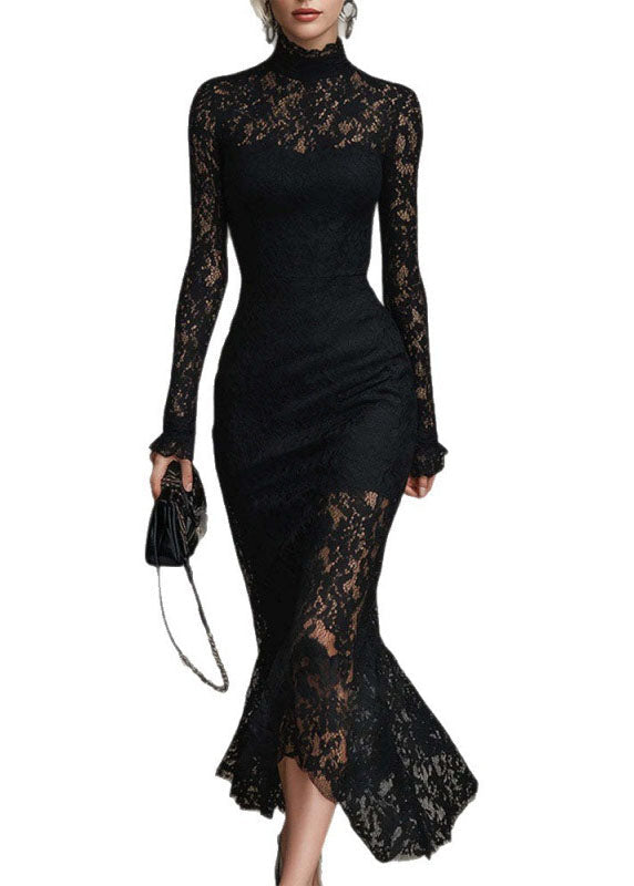 Mock Neck Sheer Yoke Ruffle Cuff Floral Lace Mermaid Midi Gown
