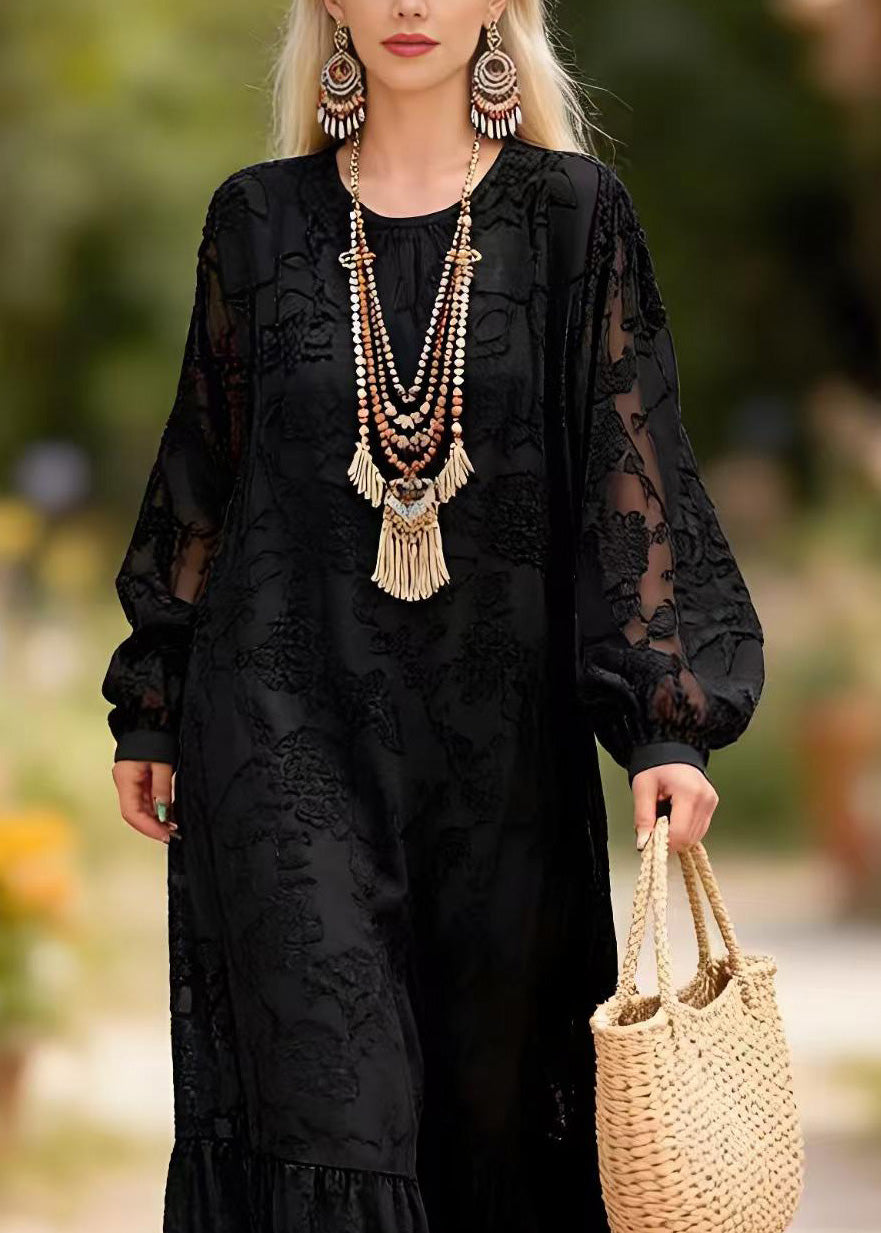 Crew Neck Burnout Floral Jacquard Balloon Sleeve Tiered Hem Maxi Dress