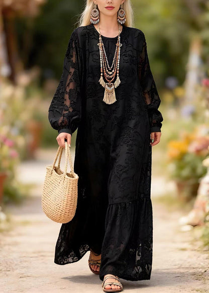 Crew Neck Burnout Floral Jacquard Balloon Sleeve Tiered Hem Maxi Dress