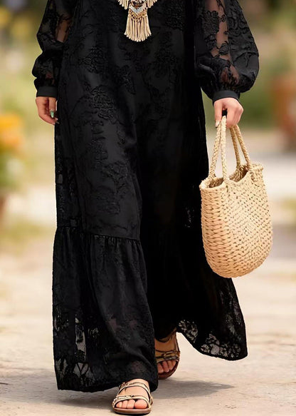 Crew Neck Burnout Floral Jacquard Balloon Sleeve Tiered Hem Maxi Dress