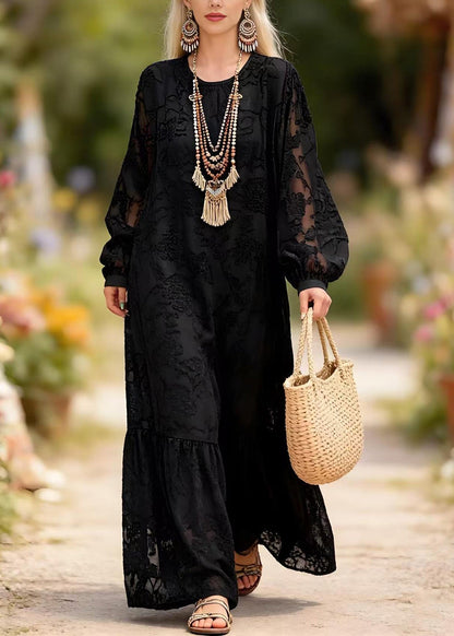 Crew Neck Burnout Floral Jacquard Balloon Sleeve Tiered Hem Maxi Dress