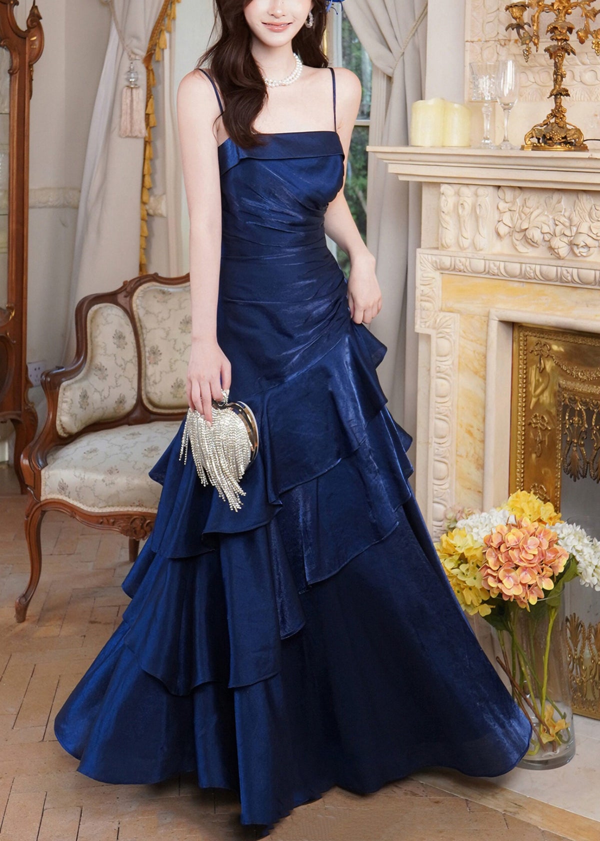 Spaghetti Strap Fitted Bodice Cascading Ruffle Metallic Sheen Maxi Gown