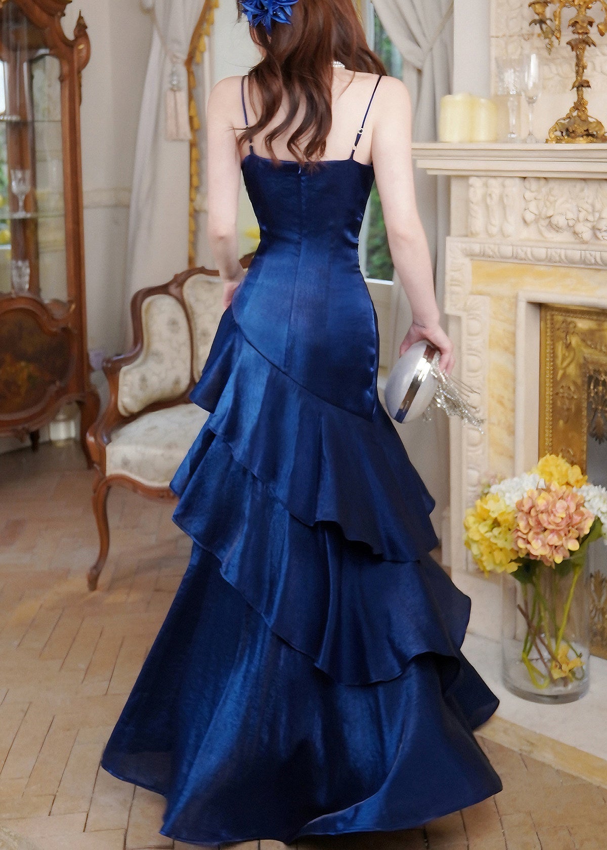 Spaghetti Strap Fitted Bodice Cascading Ruffle Metallic Sheen Maxi Gown