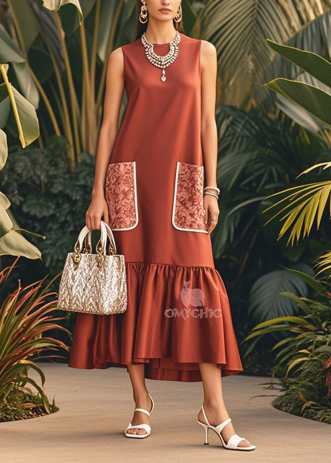 Round Neck Contrast Pocket Gathered Flounce Hem Sleeveless Midi Dress