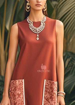 Round Neck Contrast Pocket Gathered Flounce Hem Sleeveless Midi Dress