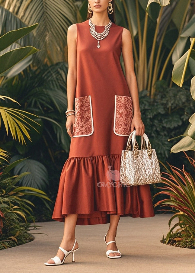 Round Neck Contrast Pocket Gathered Flounce Hem Sleeveless Midi Dress