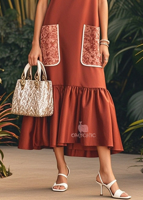 Round Neck Contrast Pocket Gathered Flounce Hem Sleeveless Midi Dress