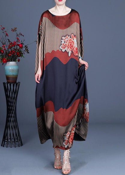 Scoop Neck Batwing Sleeve Mixed Stripe Floral Colorblock Satin Maxi Kaftan Dress
