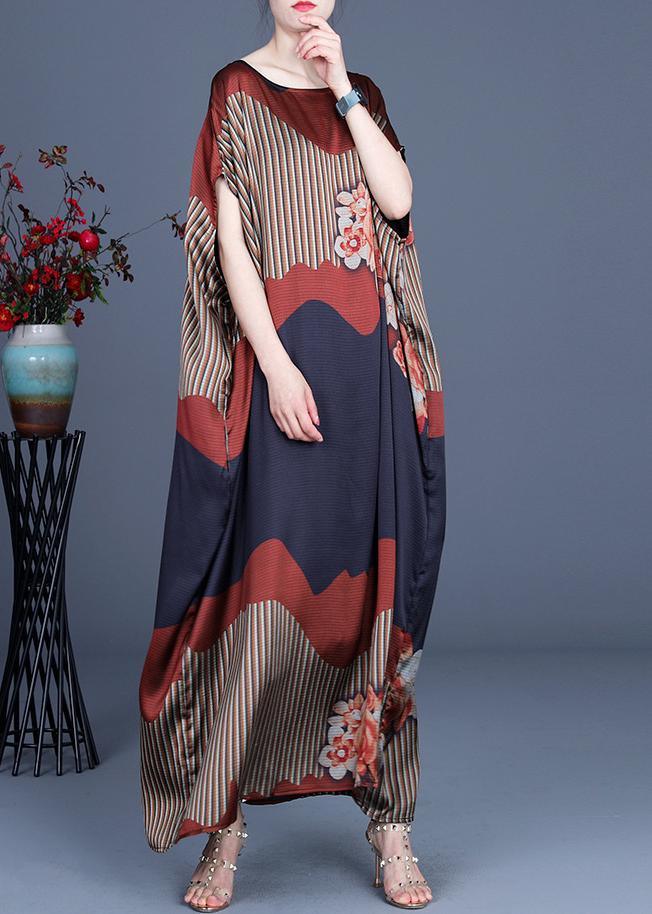 Scoop Neck Batwing Sleeve Mixed Stripe Floral Colorblock Satin Maxi Kaftan Dress