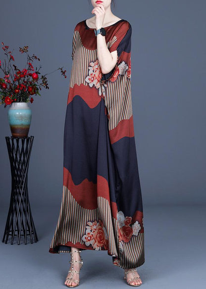 Scoop Neck Batwing Sleeve Mixed Stripe Floral Colorblock Satin Maxi Kaftan Dress