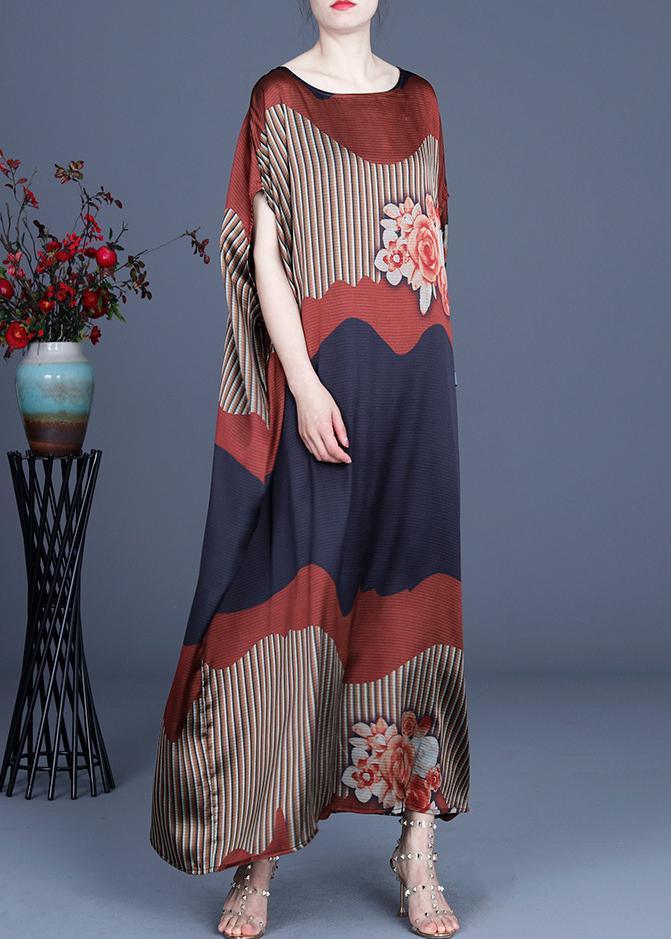 Scoop Neck Batwing Sleeve Mixed Stripe Floral Colorblock Satin Maxi Kaftan Dress