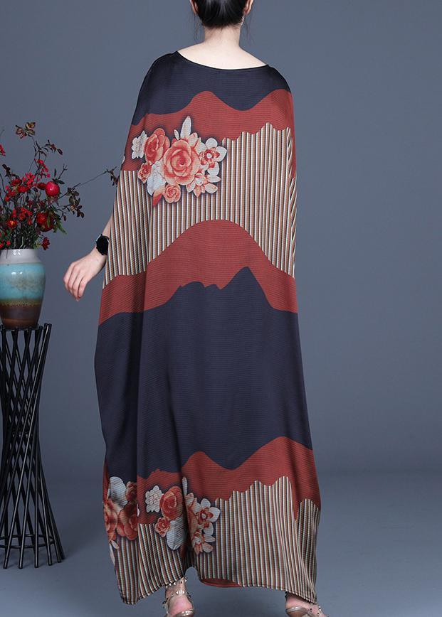 Scoop Neck Batwing Sleeve Mixed Stripe Floral Colorblock Satin Maxi Kaftan Dress