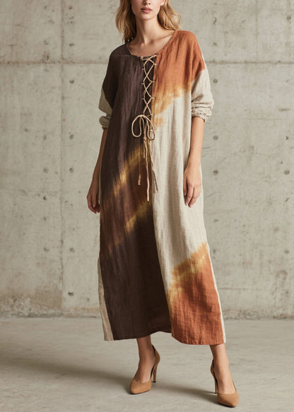 Round Neck Corset Lace-Up Batik Print Linen Maxi Dress