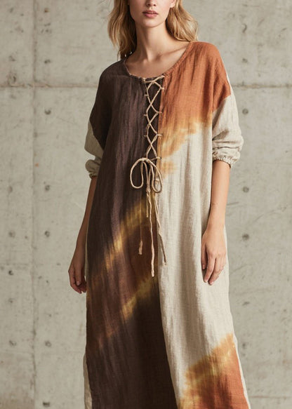 Round Neck Corset Lace-Up Batik Print Linen Maxi Dress