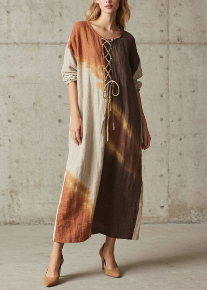 Round Neck Corset Lace-Up Batik Print Linen Maxi Dress