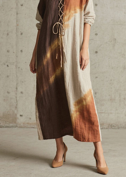 Round Neck Corset Lace-Up Batik Print Linen Maxi Dress